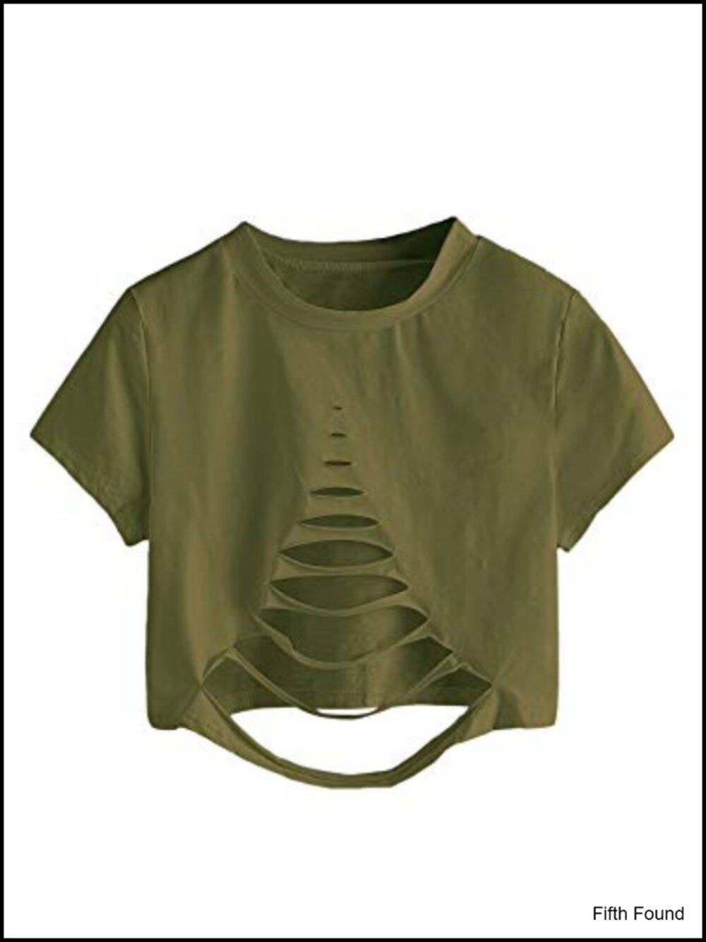 Distressed Crop Tee with Cutout Front - Soft Stretchy Polyester, Short Sleeve,